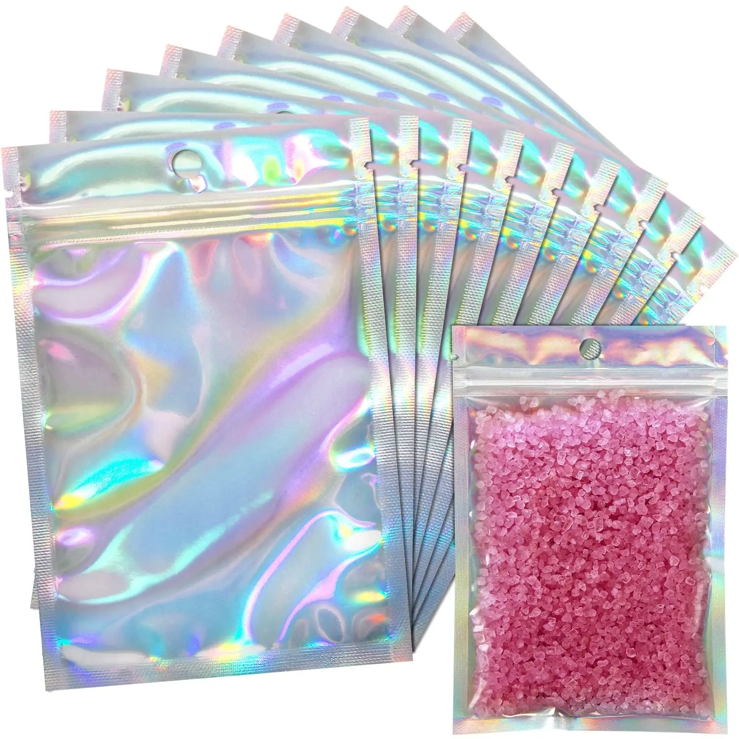 100 Pack 4×6 Inch Iridescent Holographic Mylar Pouches, Clear Front Resealable Smell Proof Foil Bags, Multipurpose Storage Packaging for Small Business