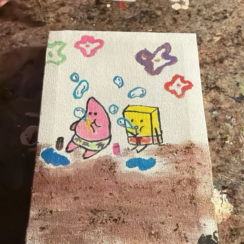 Patrick and SpongeBob Painting - Vibrant Cartoon Characters with Colorful Bubbles and Clouds on Canvas