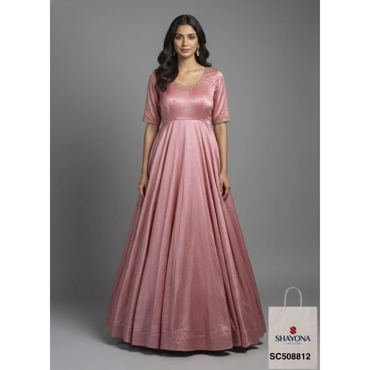 Designer Gajji Silk Handwork Long Gown | Baby Pink | Sizes 36–46 | Custom Size & Style Available