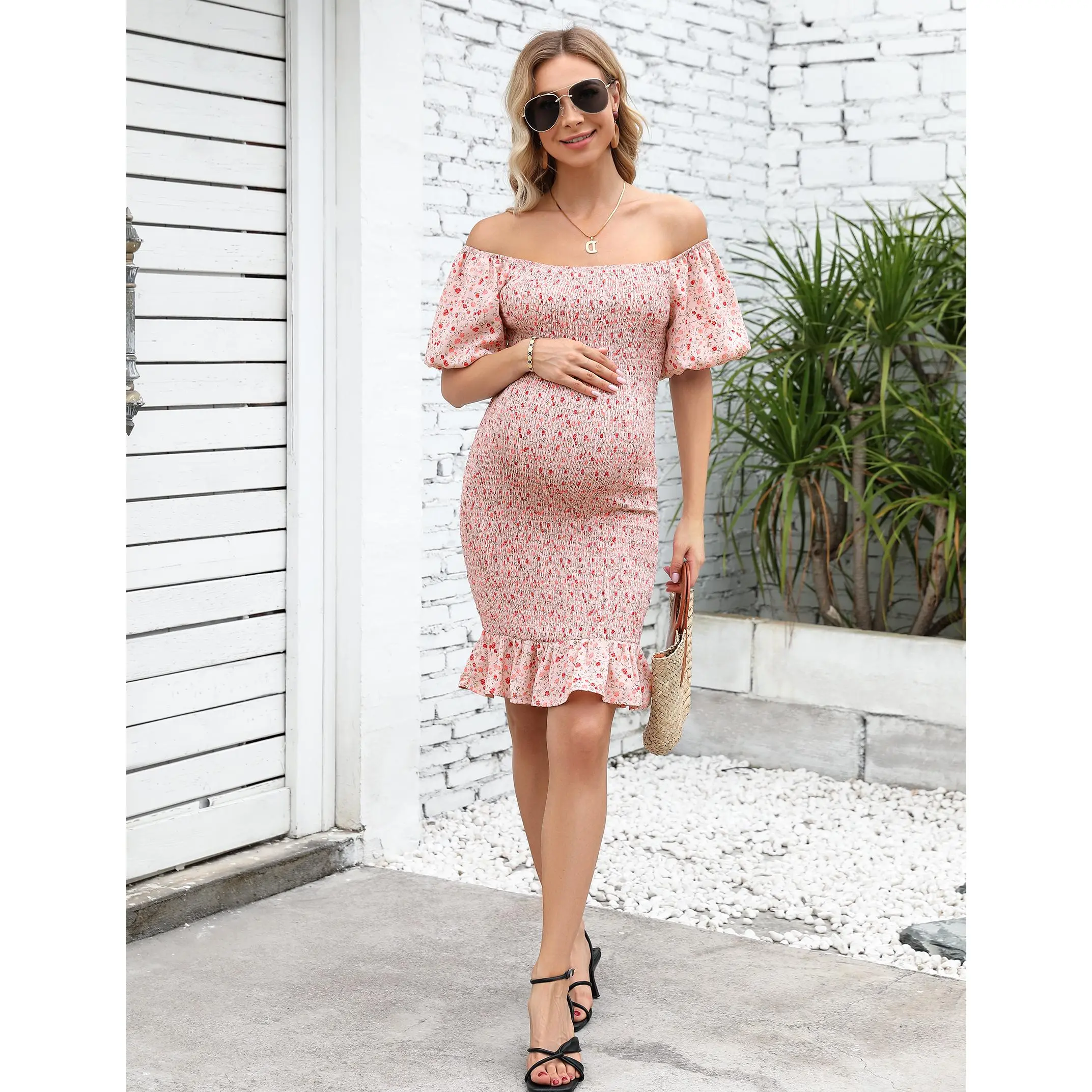 Women's Clearance Sale Limited Stock Square Neck Ruching Puff Sleeve Maternity Dress - 100% Rayon, Non-Compressed, Flattering Cut, Affordable Fashion Maternity Wear for Summer Baby Shower Expecting Moms