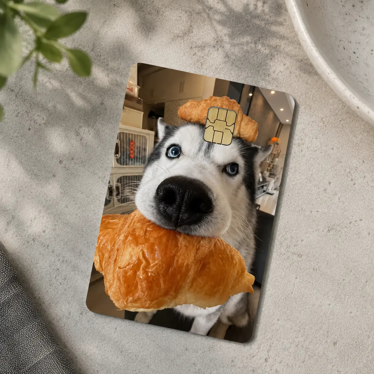 (2pcs per pack) Funny Husky Dog Croissant Skin Card Decal Cute Blue Eyed Puppy Wallet Card Cover Durable Vinyl Sticker Gift for Dog Lovers and Pet Owners