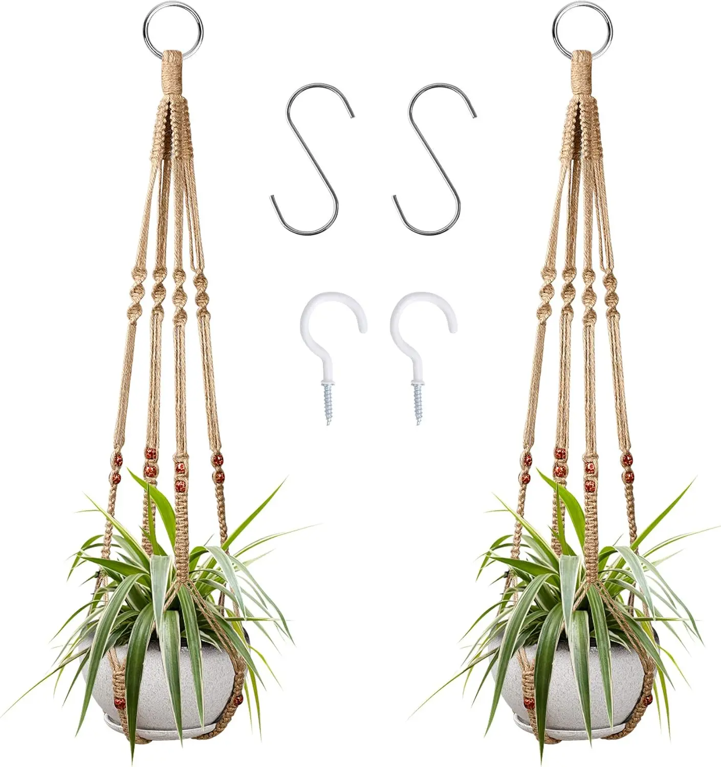 2-Pcs Natural Cotton Macramé-Style Plant Hangers - 35 in, Lightweight, Adjustable, Pot-Holding Indoor-Outdoor Home Decor Organizers with 4 Hooks, Holds Pots