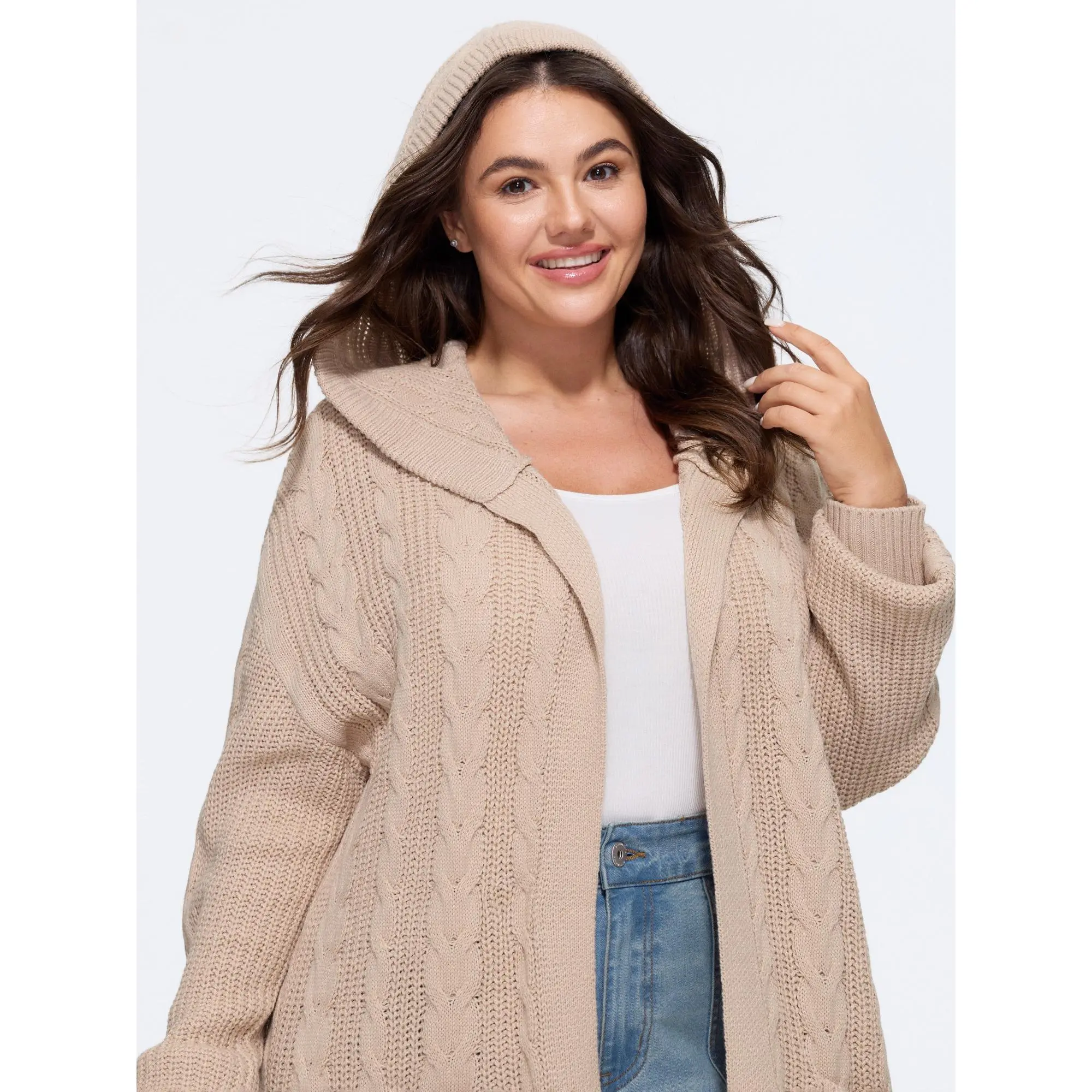BloomChic Open‑Front Pocket Cable Knit Hooded Cardigan 【M-6XL】