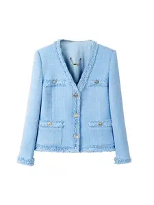Women's Solid Color Tweed Trim Design Blazer, Elegant Fashion Casual V Neck Button Front Outerwear for Daily Outdoor Wear, Women Clothing for Spring Fall
