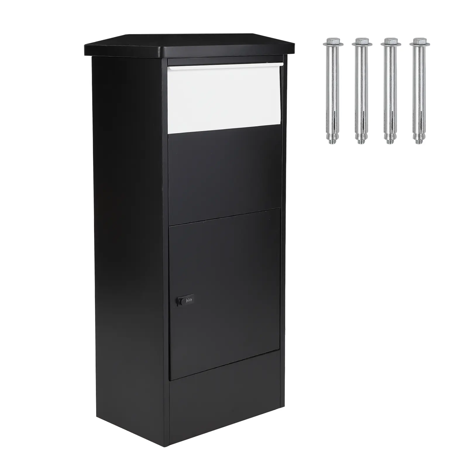 Stop porch pirates with this freestanding parcel drop box in black or white. Two sizes are available: a large 20.5 x 13.8 x 44.1 inch box and a compact 14 x 11.2 x 41.5 inch box, both with a keyless combination lock. Link in bio.