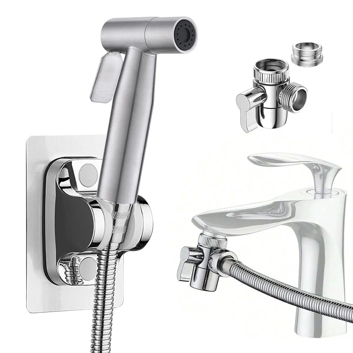 Stainless Steel Bidet Shower Head, 4-Count Wall-Mounted Toilet Bidet Sprayer Set, Bathroom Accessories & Gadgets for Home Use, Shower Faucet Set