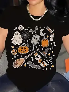 100% Cotton Unisex Men's Women's Halloween Graphic T-Shirt - Casual Short Sleeve Crew Neck Top With Pumpkin Broom Print, Hand Washable, Perfect For Spring, Summer And Fall, Halloween Costumes, Seasonal Fashion, Playful Graphic Design.