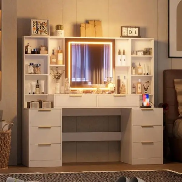 [Bellemave]Makeup Vanity Desk with Mirror and Lights, 59" Large Vanity Table with 8Drawers & Open Storage Shelves, Brightness Adjustable, Dressing Table for Bedroom, Women and Girl
