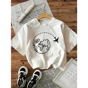 Womens Cotton Graphic Tee Short Sleeve Earth And Airplane Travel Shirt Cute Minimalist Summer Streetwear Top Vacation Outfit Gift For Travelers