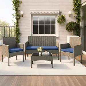 Yaheetech 4pcs Outdoor Patio Furniture Set  PE Rattan Garden Sofa Set with Soft Cushions & Tempered Glass Table for Backyard Garden Poolside