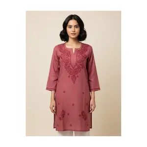 #Top- 69 Embroidered Maroon cotton  Kurti Tunic V-Notch Neck 3/4 Sleeves