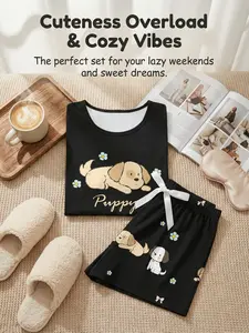 Women's Sleepwear Set Cute Dog Cartoon Print Short Sleeve Pajama Set Comfortable Home Casual Summer Nightwear Sleep Pajamas Shorts