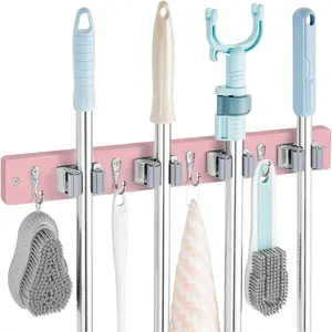 Pink Mop Broom Holder Wall Mount with 4 Slots & 4 Hooks - Wood Broom Mop Hanger for Pantry Closet Laundry Room Kitchen Organization - Pink Kitchen Decor and Accessories