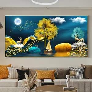 Chinese Feng Shui Golden Rich Tree Canvas Painting Wall Art, Deer Landscape Lucky Stone Posters - Canvas - For Living Room Decor - Perfect Gift for Home Decor Enthusiasts Decoration Ornaments Artistic Photo Print