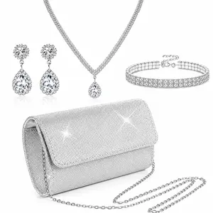 4-Piece Silver Clutch Purse Jewelry Set for Women – Evening Rhinestone Purse, Crystal Necklace, Earrings, and Bracelets; Lightweight Bridal Wedding Jewelry