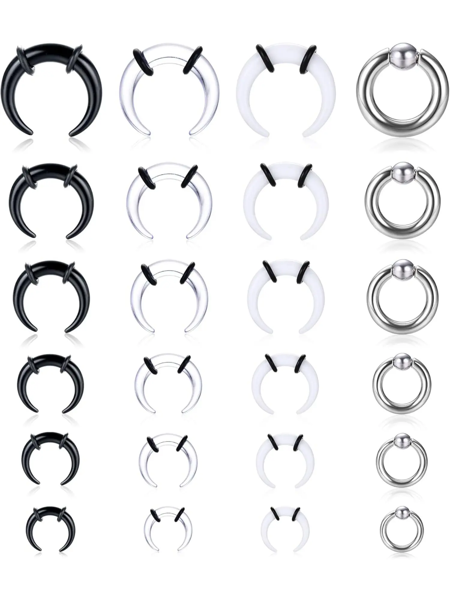 Open 24 Pcs Black Transparent Silvery Trendy Acrylic Stainless Steel Septum Rings for Women Men C Shape Buffalo Stretching Kit Internally Threaded Stretcher Expender Piercing Tapers Septum Jewelry Set