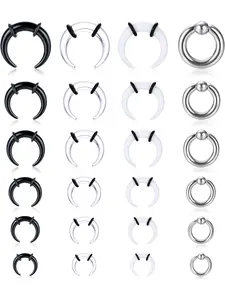 Open 24 Pcs Black Transparent Silvery Trendy Acrylic Stainless Steel Septum Rings for Women Men C Shape Buffalo Stretching Kit Internally Threaded Stretcher Expender Piercing Tapers Septum Jewelry Set