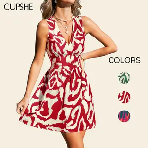 CUPSHE TikTokShopSpringGlowUp Daycation Abstract V-neckline Sleeveless Woven Mini Dress Summer Casual Womenswear Womensfashion