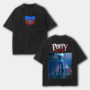 Poppy Playtime Huggy Wuggy Game Graphic Washed T-shirt, Men's & Women's Clothing Cotton Short Sleeve Tees Vintage Washed Oversized T Shirt