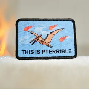 This is pterrible pterodactyl meme 2"x3" morale patch with hook and loop backing