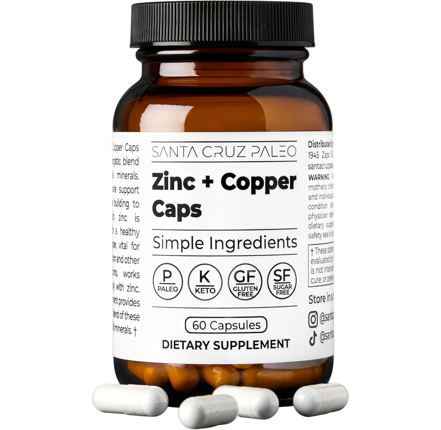 Santa Cruz Paleo, Zinc & Copper Mineral Supplement, High Absorption Formula, Zinc Supplement for Skin & Hair, L Methionine, Copper Gluconate, Trace Minerals, Gluten Free, Keto, Paleo, 60 Capsules