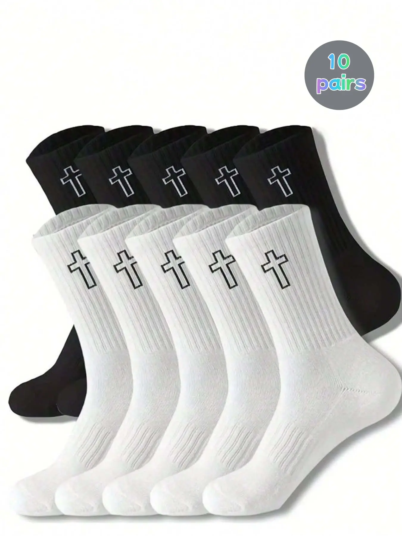 10 pairs of men's and women's cross pattern mid tube socks, Breathable fabric socks, dark trendy style, four season breathable and sweat absorbing couple socks, fitted daily casual sports wear, suitable for outdoor outings