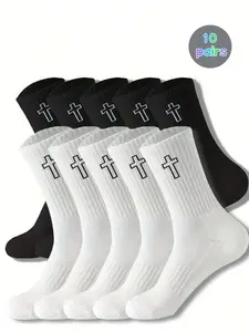 10 pairs of men's and women's cross pattern mid tube socks, dark trendy fashion style, four season breathable and sweat absorbing couple socks, trendy fitted men's and women's daily casual sports wear, suitable for outdoor outings