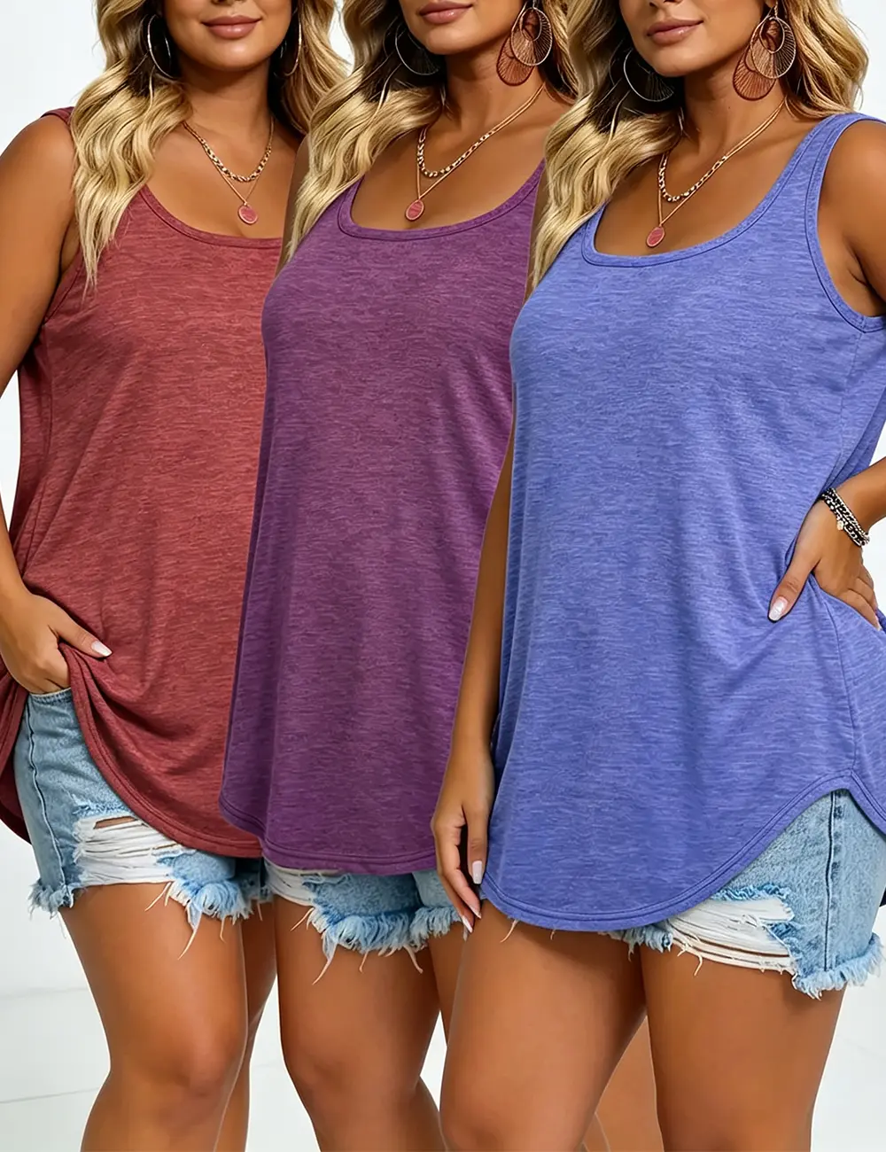 Plus Size Tank Tops, Plus Size Womens Tank Tops, 3 Pack Multipack Sleeveless Camisole Tops for Women Scoop Neck Stretch Soft Curved Hem Casual Summer Layering Vests