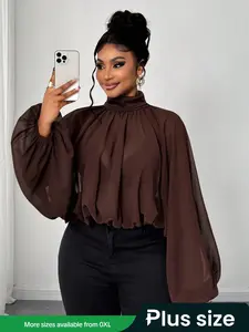 Coffee Color Lantern Sleeve Long Sleeve Women's Shirt, High Neck Pleated Fashion Shirt Top, Casual Loose Fit, Spring & Fall Blouse