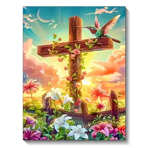 Floral Cross Diamond Painting Cross Stitch Dreamy Sky Scenery 3D DIY Diamond Embroidery Mosaic Home Decor 30x40cm/11.81x15.75 inches Kit Flower Decoration