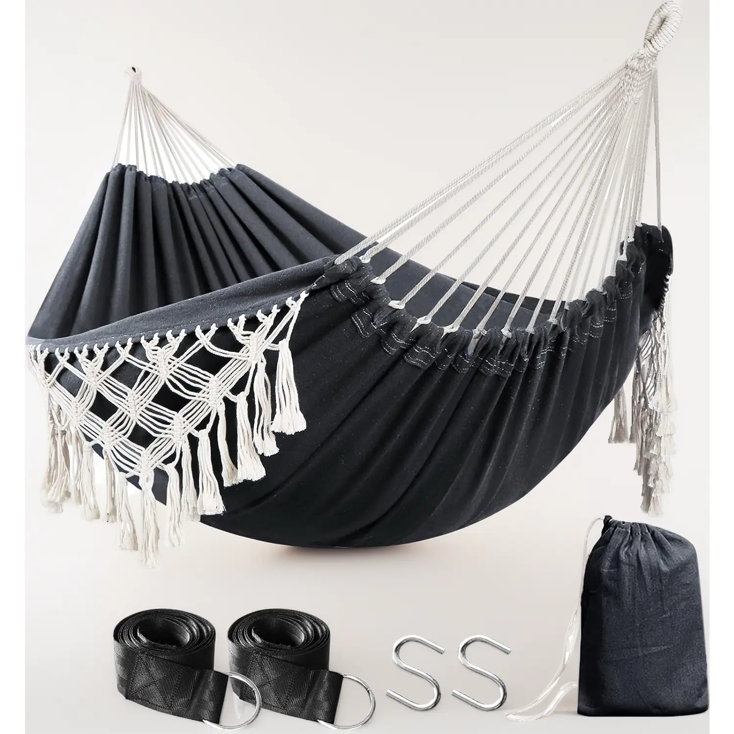 Cozy Bohemian Hammock with Elegant Tassels & Unique Fishtail Knot Weaving - Cotton Rope, 450 lbs Capacity, Portable for Porch, Patio, Cozy Hammock, Bohemian Hammocks