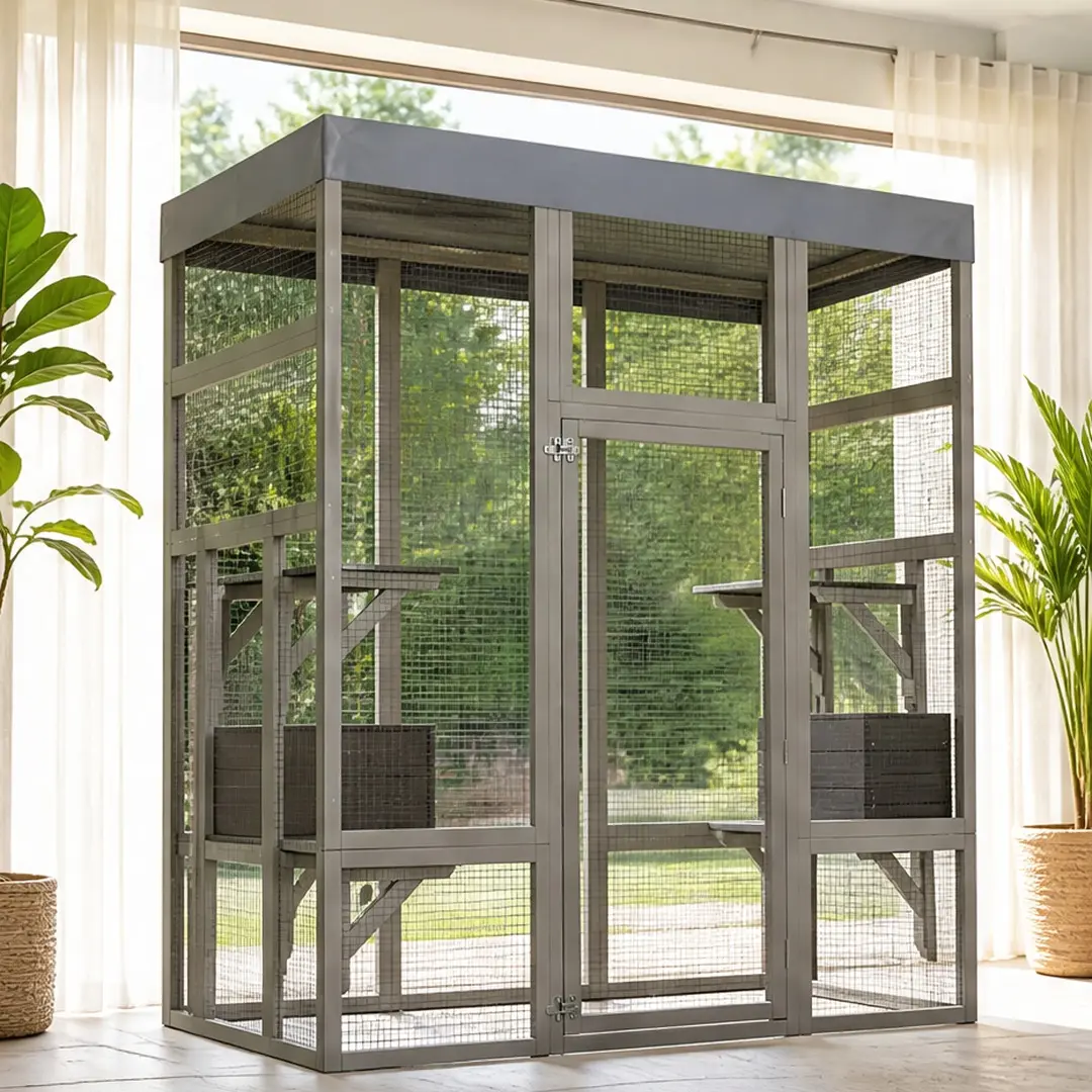 62.6" Wooden Catio for Cats Large Outdoor Cat Enclosure with Waterproof Cover 2 Napping Houses Platforms Galvanized Metal Wire Secure Pet Cage Shelter Gray Solid Wood, Gray Color Options, Solid Wood Material, Product Weight: 62.83 lb