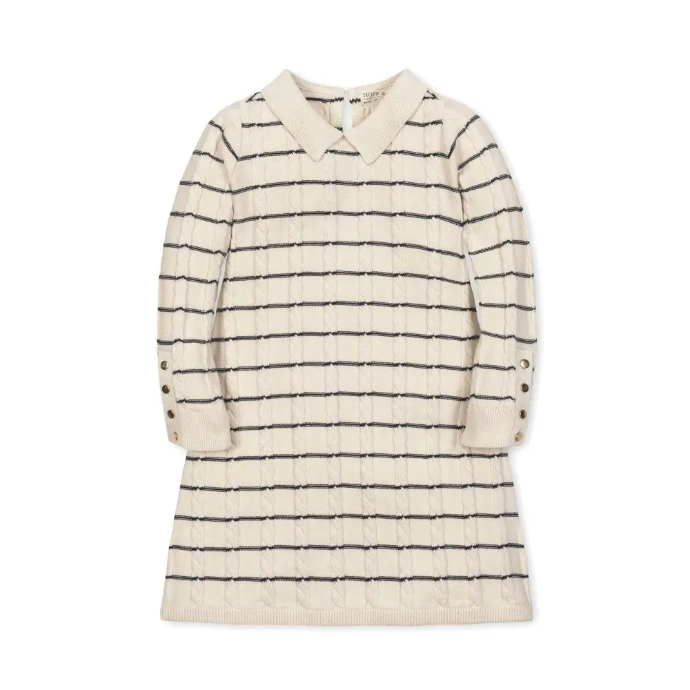 Hope & Henry Girls' Organic Long Sleeve Peter Pan Collar Sweater Dress Ivory Cable Breton Stripe 10
