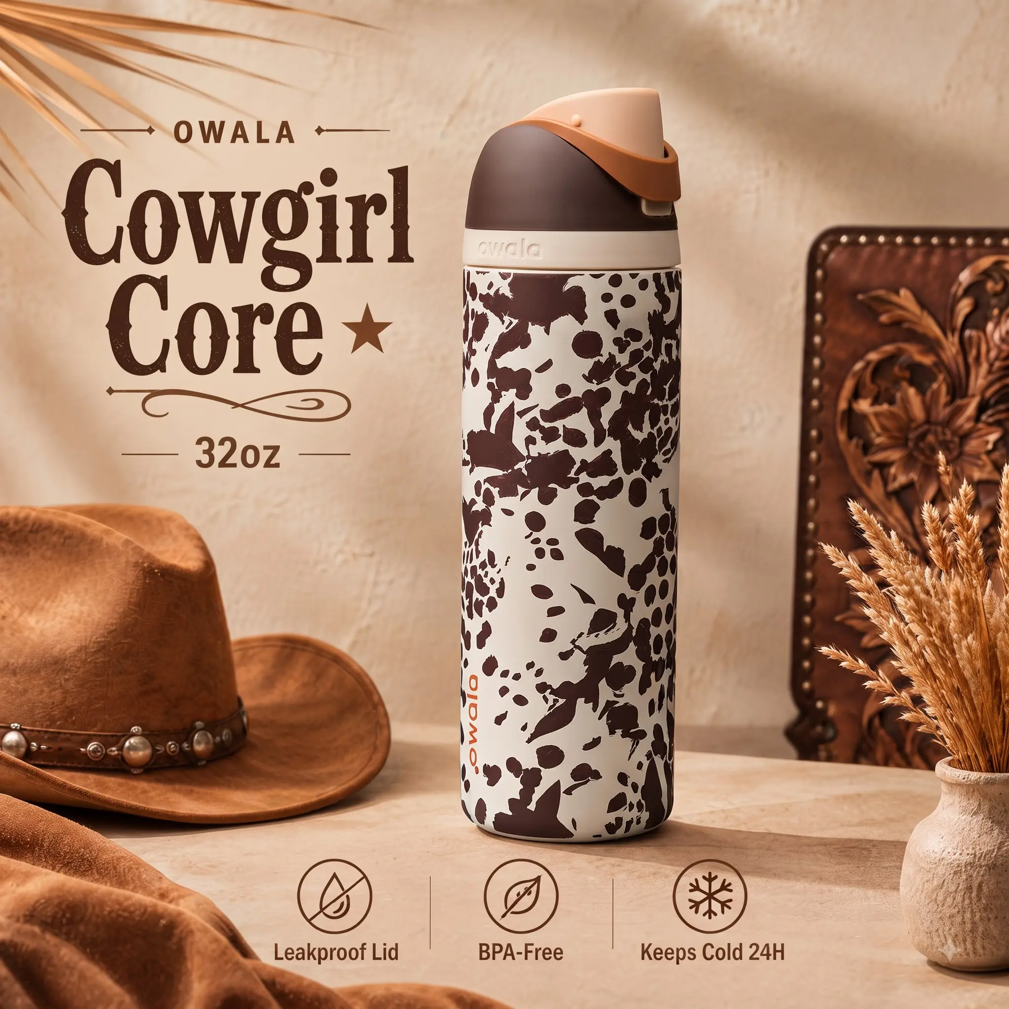 NEW Owala "Cowgirl Core" 32 oz FreeSip Insulated Stainless Steel Water Bottle, Special Edition Brown Cow Print, Straw Lid Kitchen Drinkware