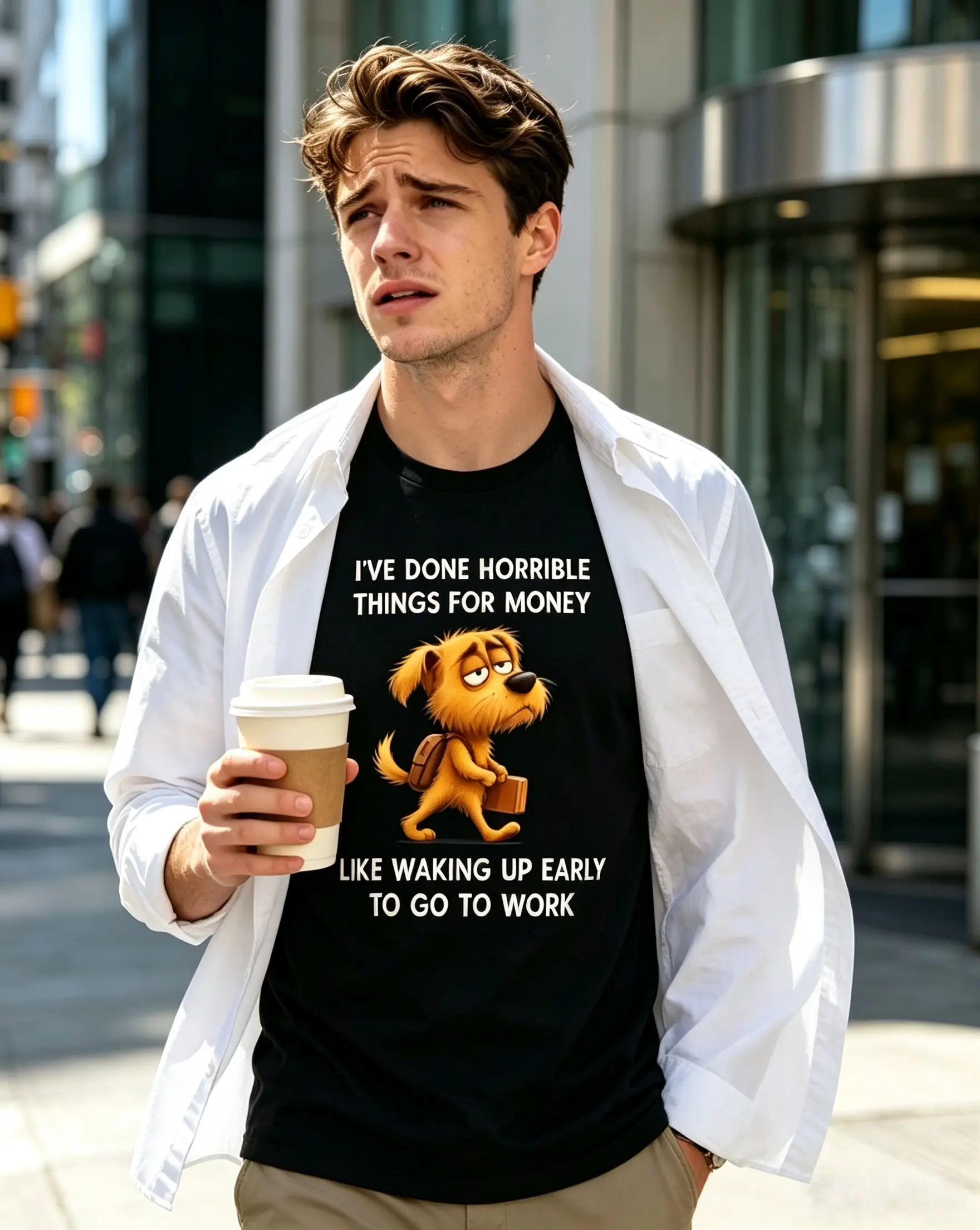 Men's Classic Casual Cotton Printed Round Neck Shortsleeve T-Shirt - Menswear Top with "I've Done Horrible Things for Money Like Waking Up" Sarcastic Funny Graphic, Athletic Fit for Chinese New Year/Children's Day, Available in 2XL
