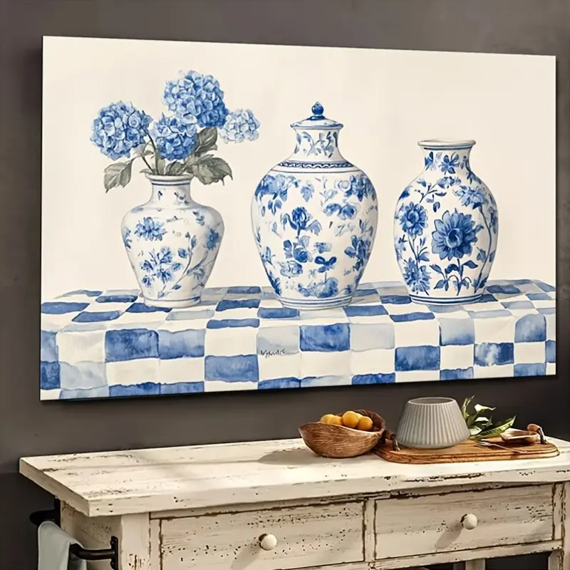 [Elegant Porcelain Vases Art] 1pc Elegant Blue and White Porcelain Vases with Hydrangeas Art Print| Wood Framed Canvas Wall Art, Checkered Tablecloth Design, Ready to Hang Home Decor