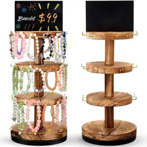 2 Pcs Bracelet Holder Display, 3 Tier Wooden 360 °   Rotating Tree Stand with 36, Bracelet Display Stand, Vendor Booth Displays with Advertising Board(Wood Color,Round)