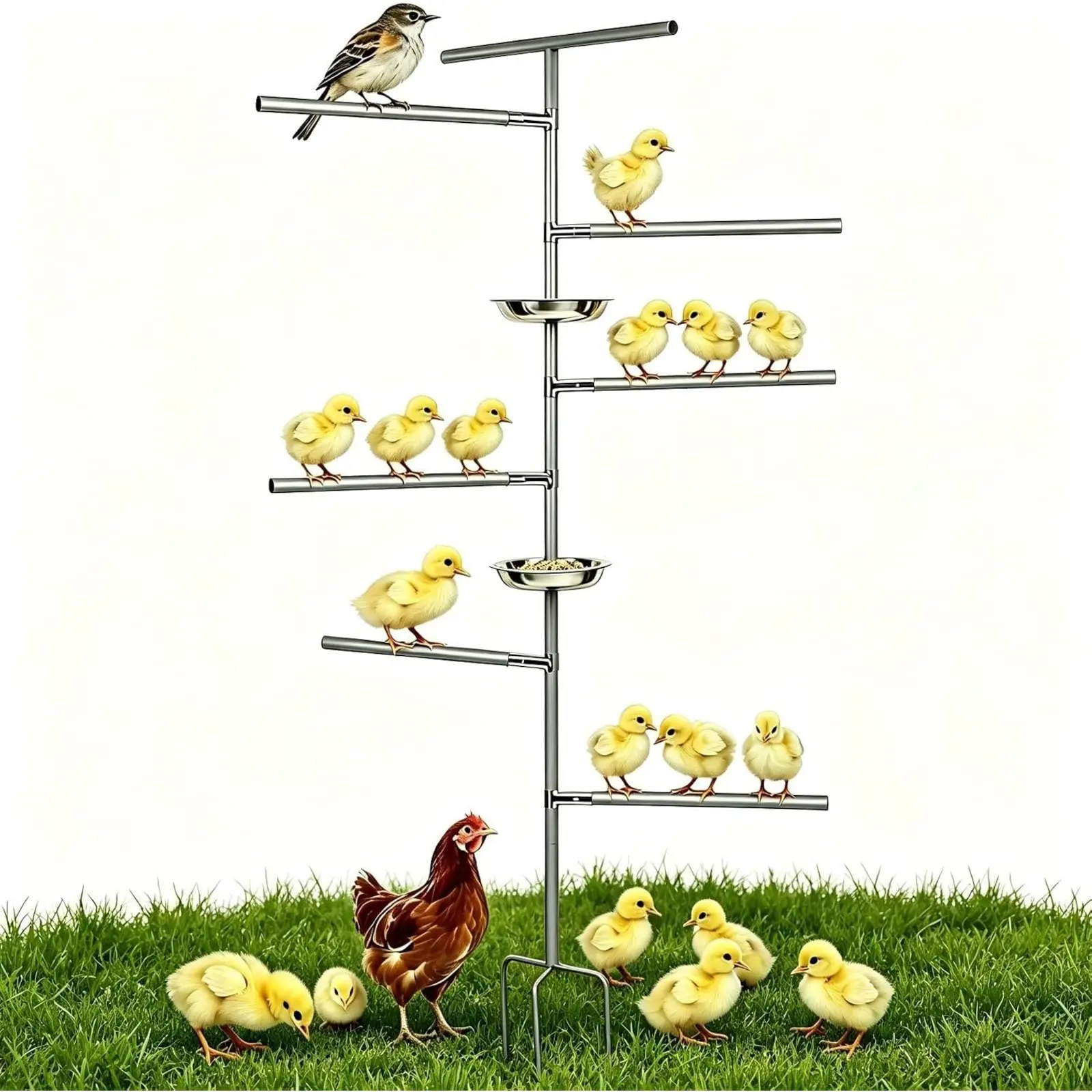 Chicken Perch Toy for Coop, 2-in-1 Chicken Perch with Feeding Tray, Wooden Chicken Perch Stand with Metal Ground Plug, Roosting Bar for Coop, Chicken Coop Accessories for Bird Parrot Poultry Rooster