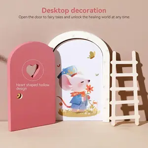 Wooden Cartoon Elf Door Ornament, Colorful Heart Fairy Tale Door Festival Decor, Mini Ladder and Mouse Card, Christmas Halloween Gift