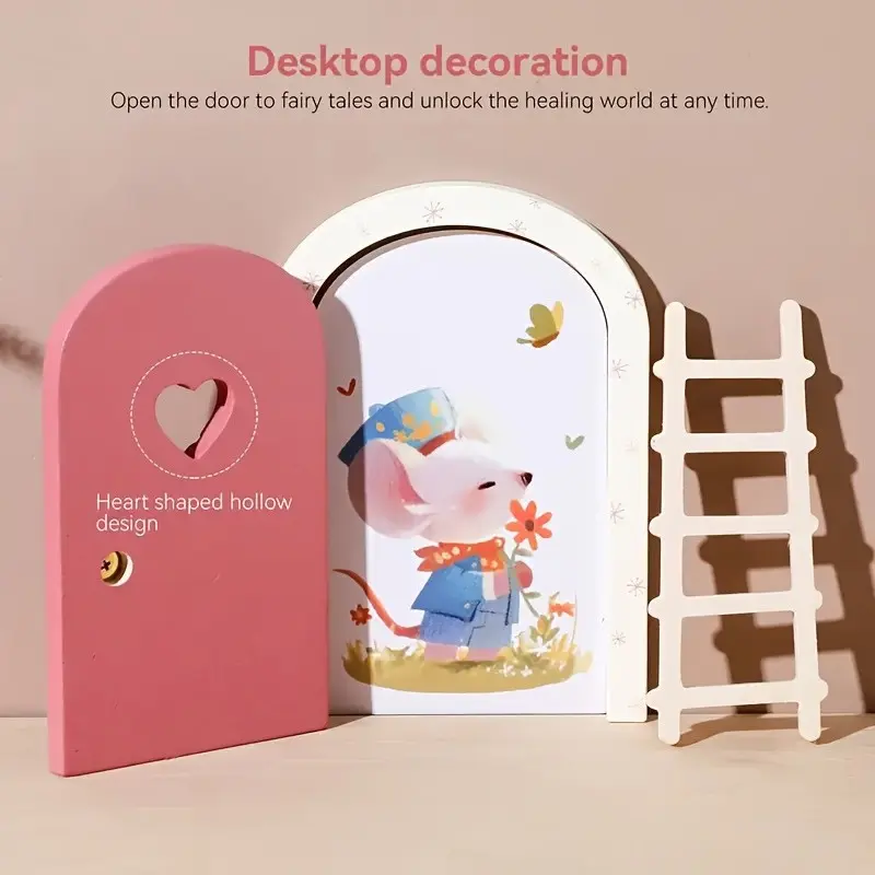 Wooden Cartoon Elf Door Ornament, Colorful Heart Fairy Tale Door Festival Decor, Mini Ladder and Mouse Card, Christmas Halloween Gift
