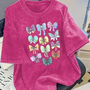 Multicolor Coquette Bow Print Washed 100% Cotton Oversized Tee