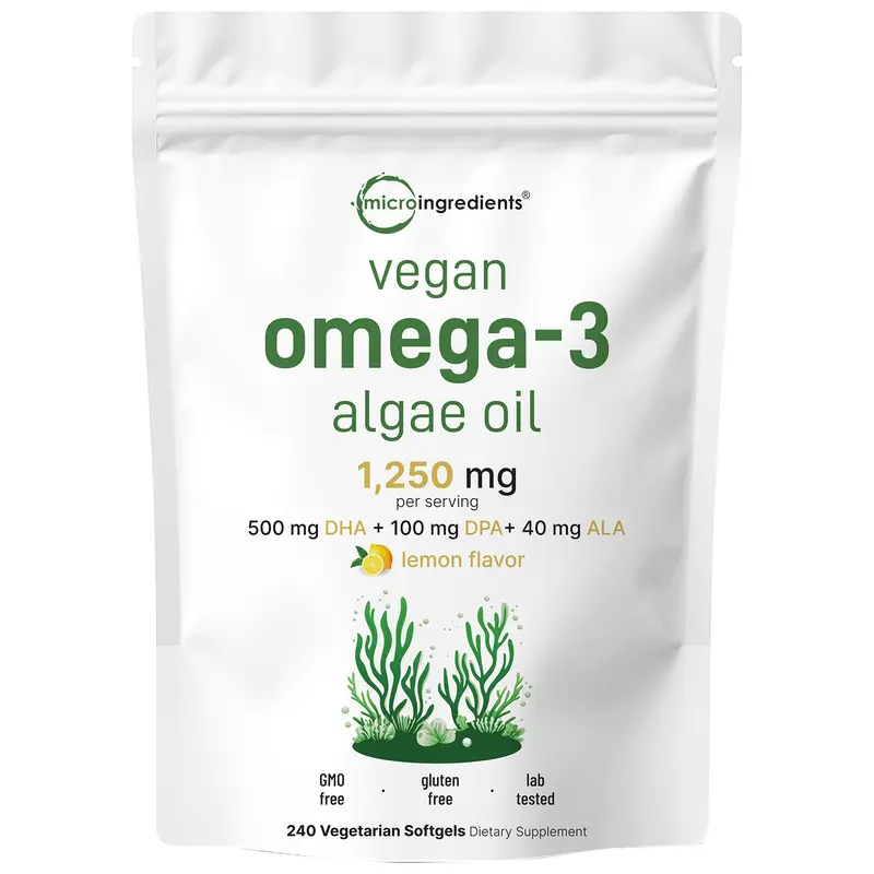 Micro Ingredients Vegan Omega 3 Algae Oil Supplement 1,250 mg Per Serving, Lemon Flavor