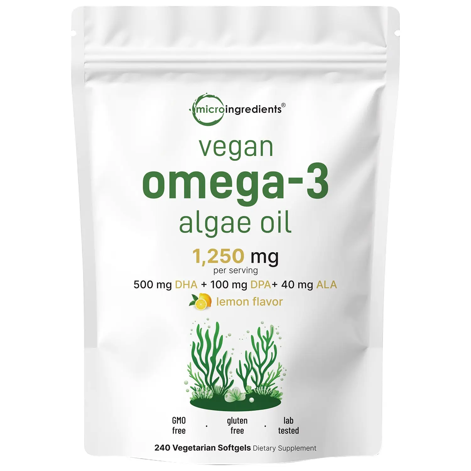 Micro Ingredients Vegan Omega 3 Algae Oil Supplement 1,250 mg Per Serving, Lemon Flavor