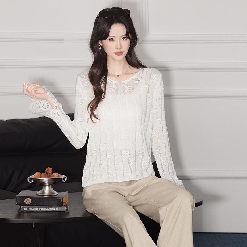 XINEV Women's Sweater 2025 Winter High-End Elegant Petite Laid-Back Fashionable Casual Knitted Base Layer Top Round Neck Mesh Knit Pullover White Comfort Elegance Piece Minimalist Long Sleeve Fitted Crewneck Basic Knitwear Womenswear sueter para mujeres