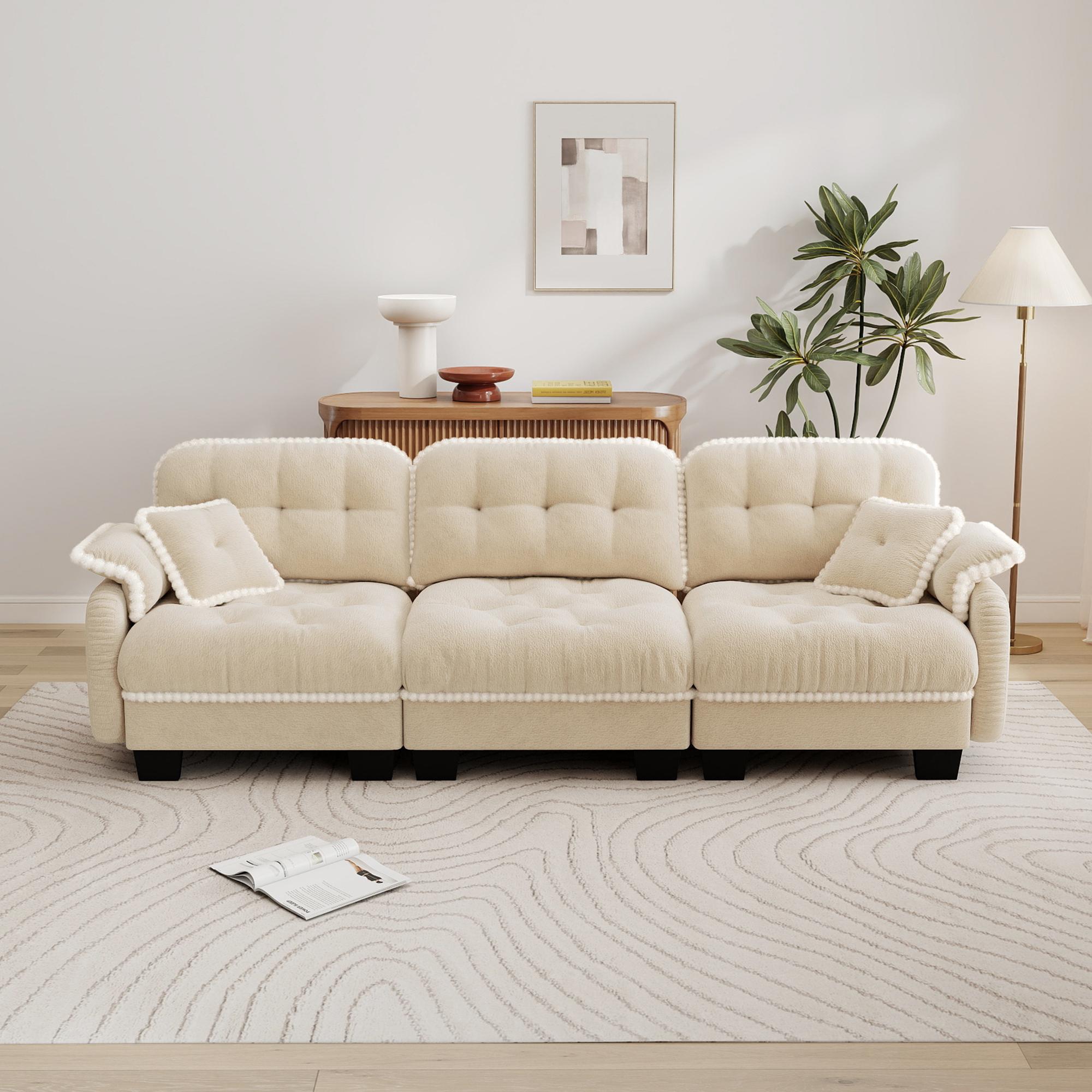 Eyisean 100.7in Chenille Modern Modular Sectional Sofa Furniture - 3-Seater U-Shaped Comfy Couch with Fixed Arms, Armrest Pillow, Back Cushion, 2 Movable Ottomans, Pom-Pom Trim Quilted Tufted Deep Seat, Ergonomic for Living Room Decor, Small Spaces, Ottom