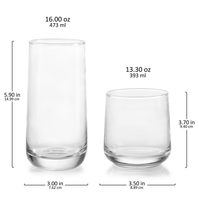 Libbey Ascent Tumbler and Rocks Glass Set, Drinking Glasses Set of 16 with Elegant Curvature, Dishwasher Safe, Durable Drinking Glasses, Versatile Glassware Set for Any Occasion