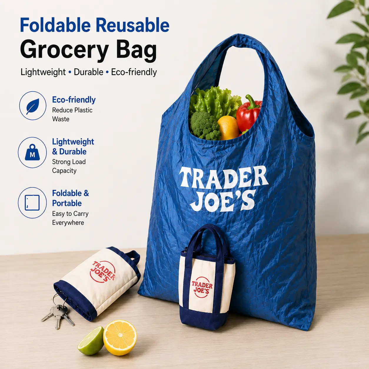 3pcs-Foldable Reusable Grocery Bag with Mini Tote Organizer Pouch, Lightweight Shopping Bag for Women, Portable Eco Tote with Small Canvas Insert for Travel, Storage and Daily Use outdoorfun