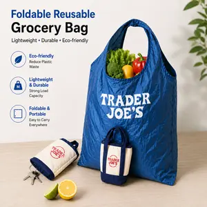 3pcs-Foldable Reusable Grocery Bag with Mini Tote Organizer Pouch, Lightweight Shopping Bag for Women, Portable Eco Tote with Small Canvas Insert for Travel, Storage and Daily Use outdoorfun