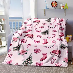 Cozy Pink Christmas-Themed Flannel Throw Blanket Soft Reversible Perfect for Couch Bed Office Travel Ideal Gift for Loved Ones