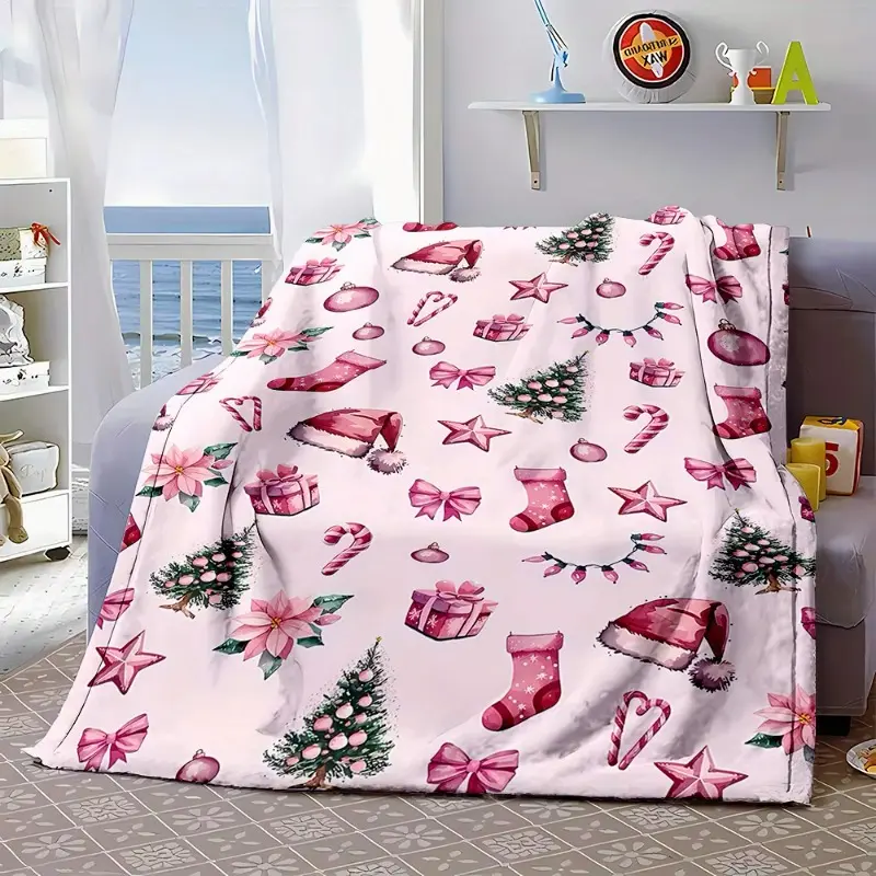 Reversible Pink Christmas Print Flannel Throw Blanket - Flannel Fabric, Soft, Cozy, Multi-Size, Ideal for Couch & Bed, Great Gift for Loved Ones summerwins